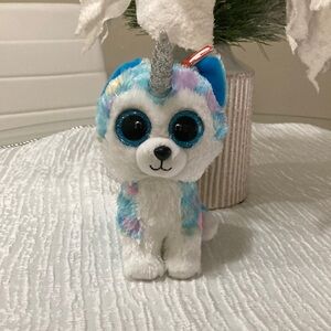 Blue and White Stuffed Unicorn Dog Toy
